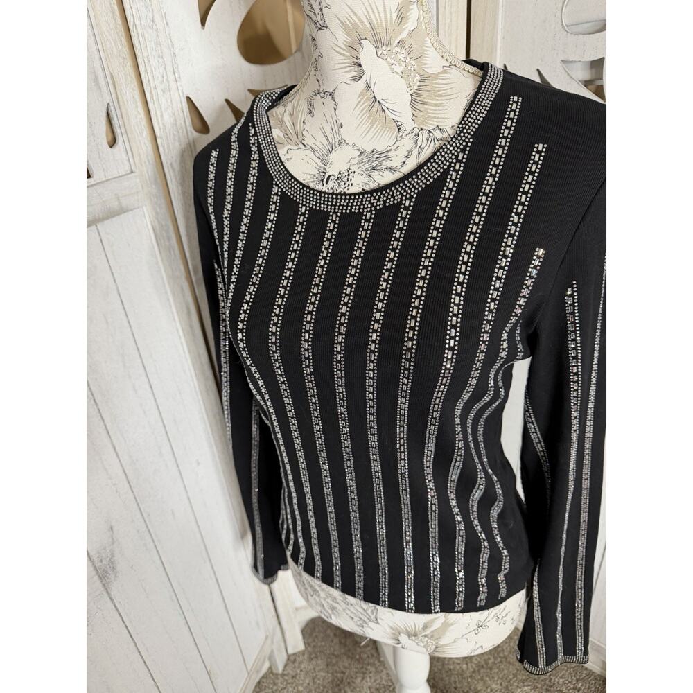 L!C Lizette Collection Black Top Rhinestone Front & Sleeves L/S Glam Sz XL - Picture 2 of 7